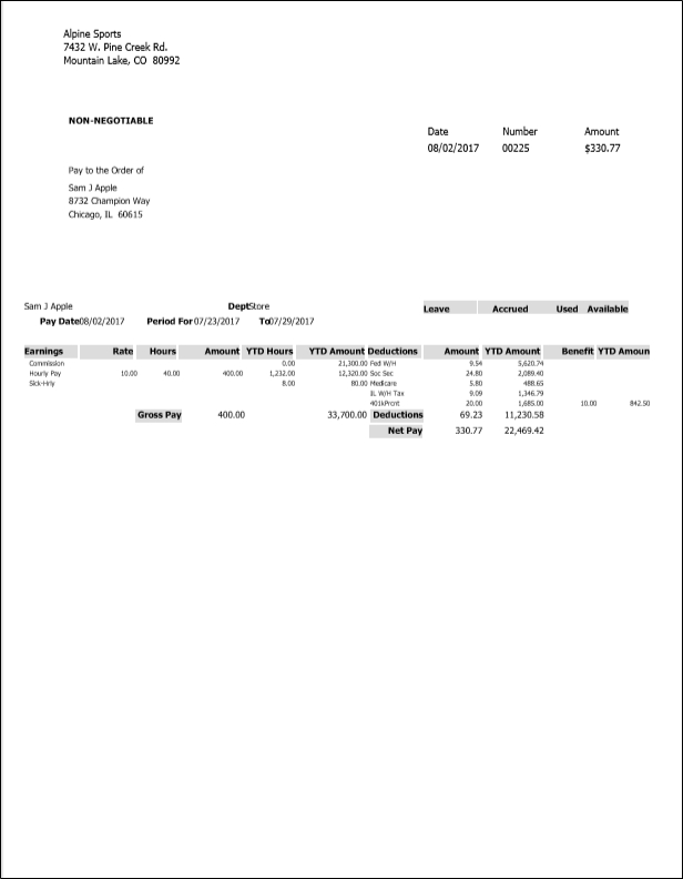 Check Type and Stub Type Examples for Payroll ACH Payment Advice