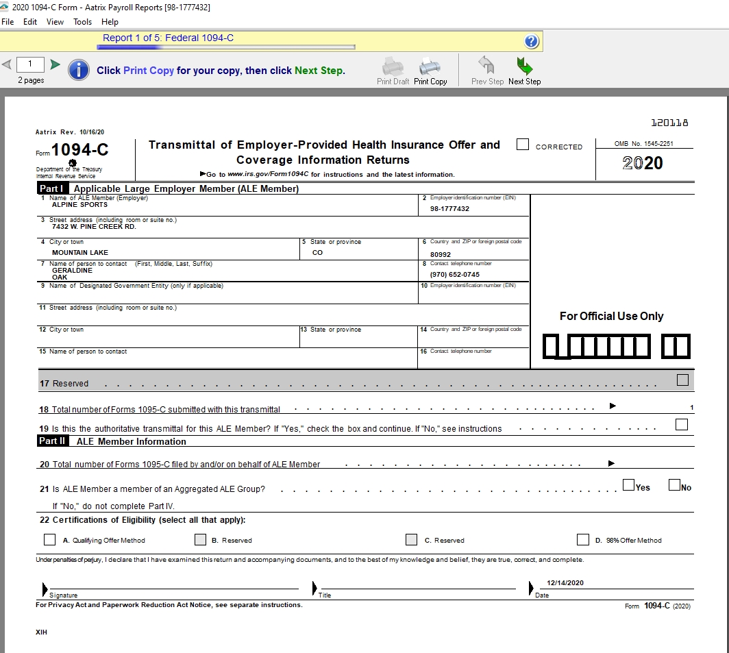 Centerpoint Fund Accounting Affordable Care Act Aca Forms Prepare And Print And Or Efile