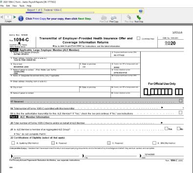 Centerpoint Payroll Affordable Care Act Aca Forms Prepare And Print And Or Efile